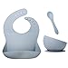 Set de vajilla infantil en silicona 3 piezas incluye babero bebé en silicona + plato con ventosa + cuchara. Libre de BPA. Apto para microondas y lavavajillas.
