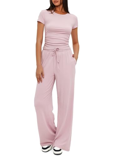 Darong Women's 2 Piece Set Outfits Lounge Sets Ruched Short Sleeve Tops High Waisted Wide Leg Pants Tracksuit Sets