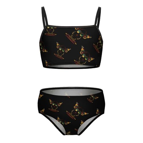 African American Pretty Girl with Monarch Butterflies Girls Swimsuits Two Piece Bikini Sets Beach Sport Swimwear Bathing Suit 9-11Y?140cm?