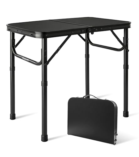 Mesa Plegable Camping 60x40 cm, altura ajustable 26/55 cm, con asa; patas de aluminio y tablero MDF fácil de limpiar, ligera y fácil de transportar para balcón, terraza y playa, picnic y pesca, negro