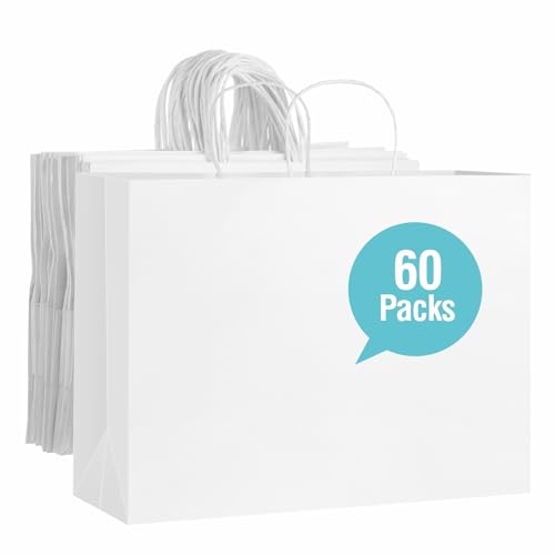 60 PCS White Paper Bags with Handles, Large Gift Bag 16 x 6 x 12 inch White Gift Bag Bulk Shopping Bags for Gift Grocery Small Business