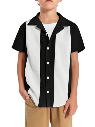 Haloumoning Boys Shirts Button Down Short Sleeve Shirt Striped Casual Summer Beach Shirts 5-14 Years Black