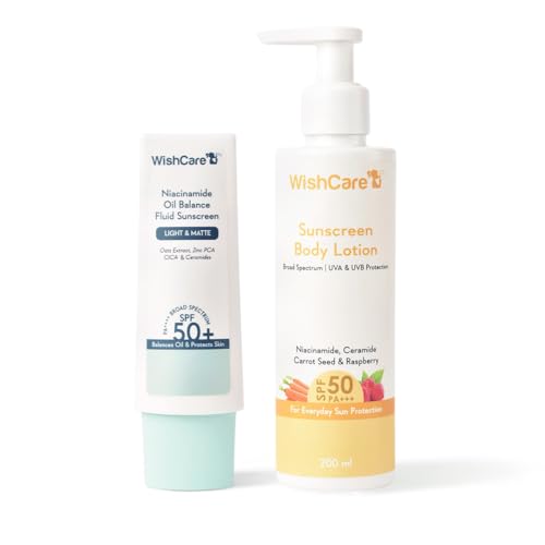 Image of WishCare SPF 50 Sunscreen Combo for Face & Body | Niacinamide Oil Balance Fluid Suncreen SPF50 PA++++ & Sunscreen Body Lotion SPF50 PA+++ | In-Vivo Tested Sunscreens | Lightweight & No White Cast | 50gm + 200ml