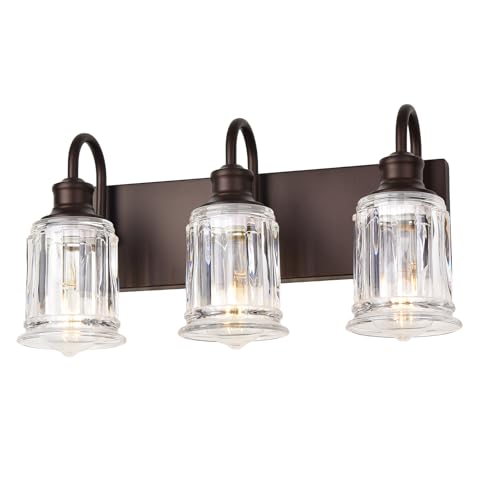 LIROUVET Farmhouse Bathroom Vanity Light Fixtures, 3-Lights Oil Rubbed Bronze Bathroom Lights Over Mirror, Clear Glass Shades Vanity Light Above Mirror (Bulb not Include)