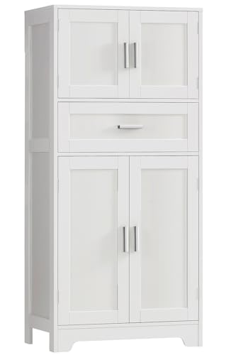Image of TEENFON Bathroom Storage Cabinet with Adjustable Shelf & Large Drawer | Tall Storage Cabinet with 4 Doors, Kitchen Pantry Storage Cabinets, for Living Room, Dining Room, Entryway, White
