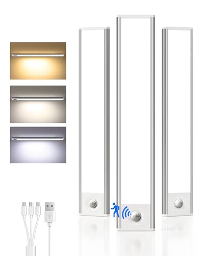Image of 3Pack-Under Cabinet Lighting Wireless, Rechargeable Battery Motion Sensor Light Indoor, LED Closet Lights USB Charging, 3 Color Dimmable Under Cabinet Lights for Kitchen, Cabinet, Wardrobe (14inch)