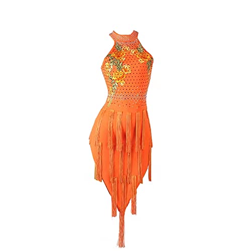 LIUHUO Ladies Latin Tango Rumba Cha Cha Dance Belly Dance Dress Fringe Skirt Orange
