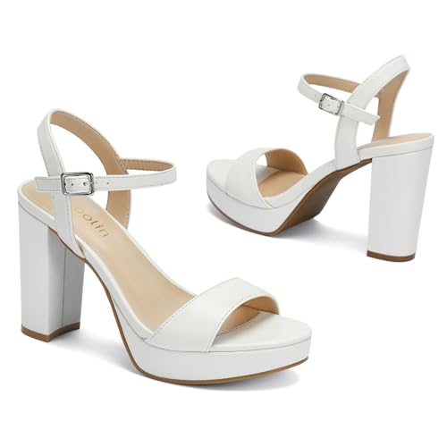 Image of Wide Width Heels for Women Block Chunky Platform High Heels Sandals Open Toe Wedding Party Ankle Strap Dress Shoes