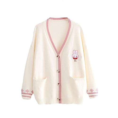 CORIRESHA Cute Rabbit Embroidered Cardigan Sweater Patchwork Button Knit Outwear with Pockets