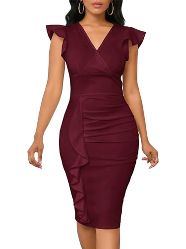 Image of Yajedo Women's Summer Bodycon Midi Dress Print Ruffled Sleeves V Neck Ruched Cocktail Pencil Dress