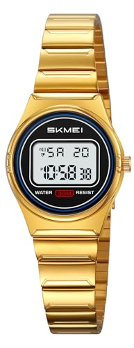 Gosasa Men's and Women's Retro Ultra-Thin Digital Watch Waterproof 30M Stainless Steel Business Casual Quartz Watch with LED Backlight, Alarm, Stopwatch (Gold, Women)