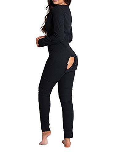MISOMEE Womens One Piece Pajama Long Sleeve Functional Buttoned Flap Adults Pajamas Jumpsuit Sleepwear Onesie Black M