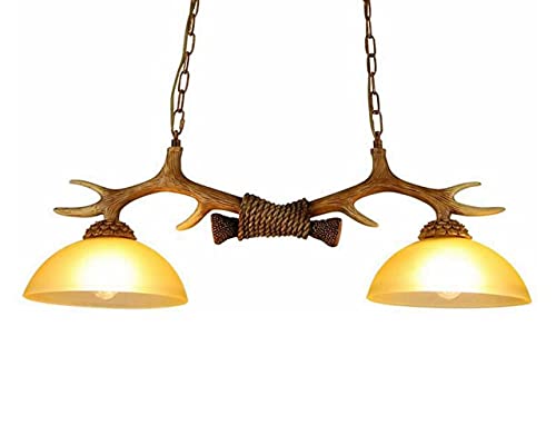 Farmhouse Chandeliers, Antlers 2 Lights Dining Room Lighting Fixtures Hanging, Kitchen Island Pendant Lights Contemporary Modern Ceiling Light with Glass Shade Adjustable Rods