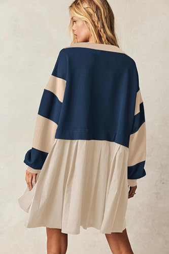SAUKOLE Women’s Oversized Casual Sweatshirt Patchwork Dress Fall Long Sleeve Trendy Lapel Neck Pleated Mini Dress4