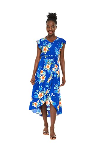 Matchable Couple Hawaiian Luau Shirt or Wrap Ruffle Dress in Hibiscus Blue2