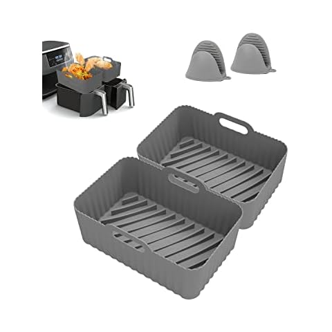 KALAHOL 2PCS Silicone Air Fryer Liners for Ninja Air Fryer Accessories, Ninja Dual Air Fryer Liners Silicone Air Fryer Basket with Silicone Gloves, Reusable Air Fryer Rack for Air Fryer,Oven,Microwave Cover