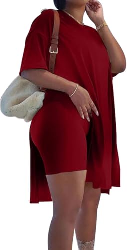 Image of AXOSY Women Plus Size 2 Piece Outfits Short Sleeve Tunic Tops and Skinny Biker Shorts Sets Tracksuits