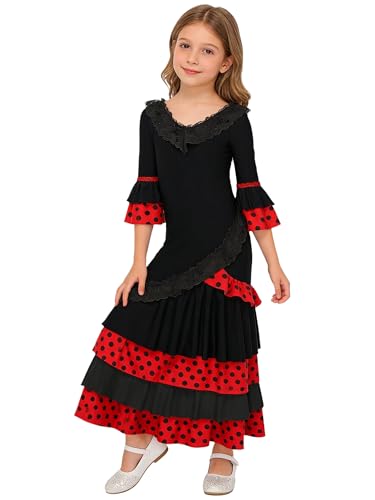 Jugaoge Niños Vestido Baile Español Traje Danza Española Falda De Flamenco Actuación En El Escenario Negro 5-6 años