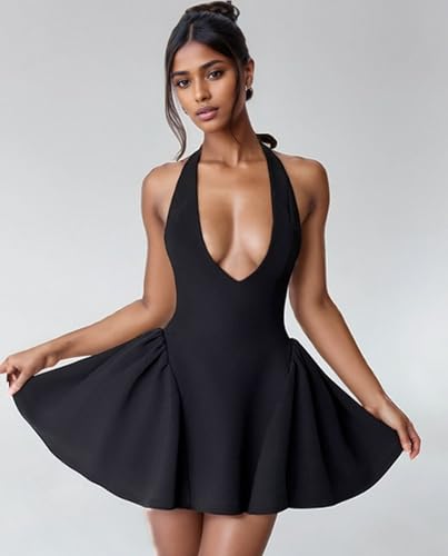 Voghtic Women's Sexy Deep V Neck Halter Backless Mini Dresses Party Clubwear Pleated A Line Short Dress4
