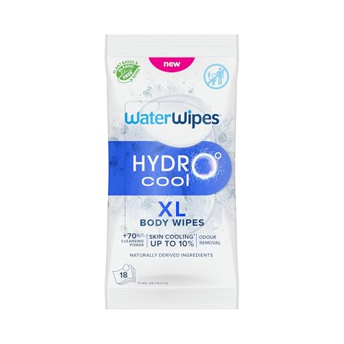 WaterWipes HydroCool Toallitas Refrescantes XL, Paños Corporales para Enfriamiento Instantáneo, Control de Olor y Sudor, Ideales para Gimnasio, Viajes y Aire Libre, 18 unidades (1 paquete)