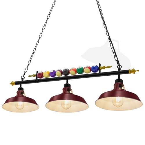 Rossesay 3 Lights Adjustable Pool Table Lights for 7'-8' Billiard Light Hanging Pool Table Light Fixture Lighting Pendant Lamp with Metal Shades for Game Rooms, Bulb Not Included(Burgundy Red)