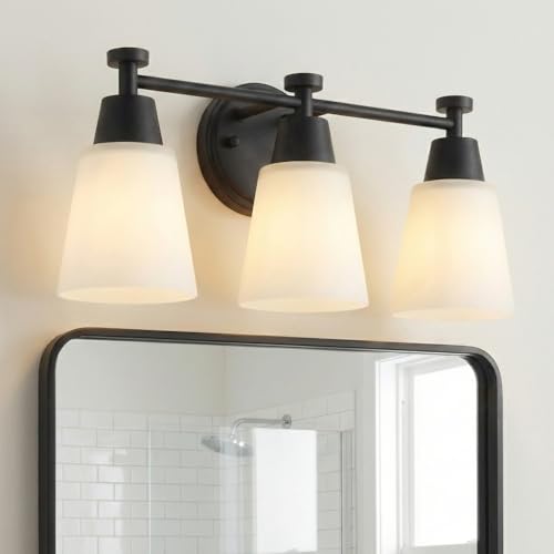 SENKERFAN 3 Light Bathroom Vanity Light, Modern Matte Black Stainless Steel Over Mirror Vanity Light Fixture with Frosted Glass, Wall Sconces Lighting for Bedroom Living Room