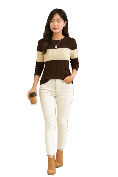 Women's Cable Knit Colour Block Crew Neck Tshirt, Brown & Beige-picture-51