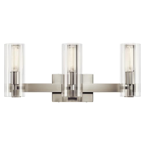 Image of Kichler Jemsa 3-Light Bathroom Vanity Light Fixture, Modern Wall Mount with Clear Fluted Glass in Brushed Nickel for Powder Room or Mirror (9.75 inch x 22.75 inch), 55168NI