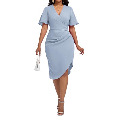 Image of Women's Wrap V Neck Asymmetrical Hem Midi Ruched Cocktail Evening Dress | Back Zipper, Regular Fit, Club Night, Semi Office Formal, Wedding Dinner Date, Flutter Short Sleeve
