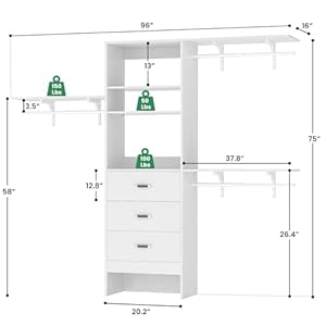96inchclosetsystemwith3woodendrawersclosetorganizersystemwithstorageshelvescutablewallmountedclosetsystemwith3adjustablehangingrodsforwalkinclosetwhite Urban Country Home Decor 96 inch closet system with 3 wooden drawers closet organizer system with storage shelves cutable wall mounted closet system with 3 adjustable hanging rods for walk in closet white urban country home decor