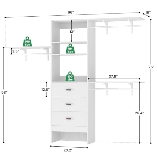96inchclosetsystemwith3woodendrawersclosetorganizersystemwithstorageshelvescutablewallmountedclosetsystemwith3adjustablehangingrodsforwalkinclosetwhite Urban Country Home Decor 96 inch closet system with 3 wooden drawers closet organizer system with storage shelves cutable wall mounted closet system with 3 adjustable hanging rods for walk in closet white urban country home decor