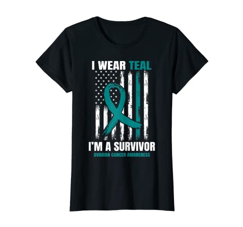 Mujer Use Teal Ovarian Cancer Survivor Regalos Mujer Bandera Americana Camiseta
