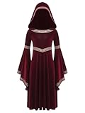 inlzdz Disfraz Medieval Renacentista para Niñas Bata Bruja con Capucha Disfraz De Princesa Medieval Vestido Maxi para Carnaval Halloween borgoña 10-12 años