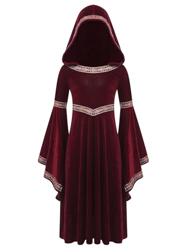 inlzdz Disfraz Medieval Renacentista para Niñas Bata Bruja con Capucha Disfraz De Princesa Medieval Vestido Maxi para Carnaval Halloween borgoña 4-6 años