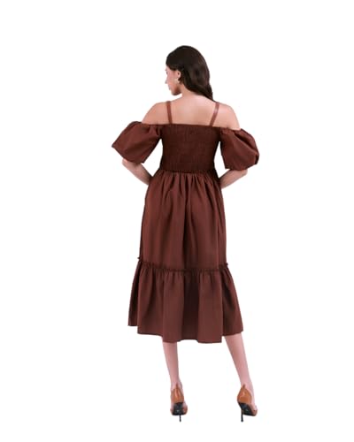 SIXDO G-Coffe Brown Woven Flared Dress, Spring Summer Floral Flowy Midi Dress S — view 4