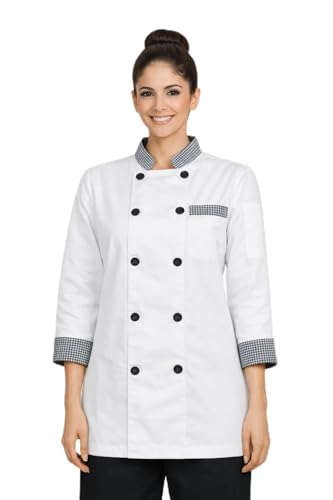 Image of Women Chef Coat for Hotel Restaurant & Kitchen Staff | White Chef Uniform with Black Piping | Professional Chef Jacket for Women