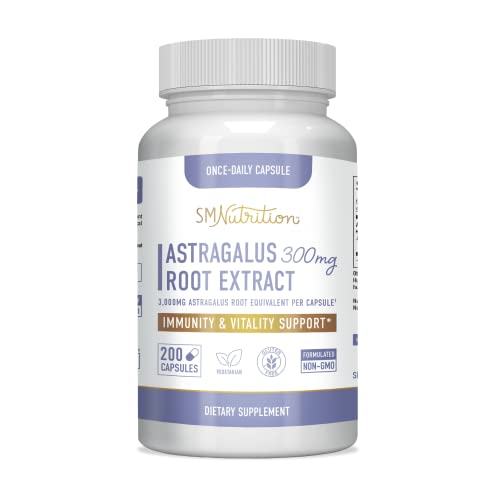 Astragalus 300mg Supplement (200 Servings Per Bottle) 10:1 Astragalus Extract (300mg = 3,000mg) Astragalus Root Powder - Immune System Health Support* - Non-GMO, Gluten-Free, Vegetarian