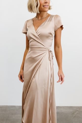 V Neck Satin Bridesmaid Dresses 2025 Long Wrap Pleated Formal Evening Party Gowns with Slit4