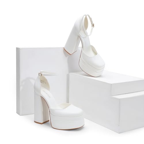 Image of DREAM PAIRS Women's High Chunky Platform Closed Toe Block Heels Square Toe Ankle Strap Dress Wedding Party Pumps Shoes Aurelia