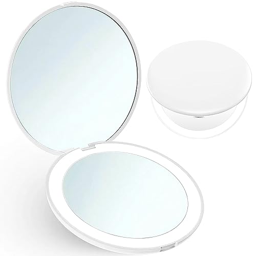 Jesyooka Lighted Magnifying Compact Mirror – 1X/10X Portable Travel Makeup Mirror with LED Lights, Handheld Pocket Mirror for Purse & Handbag