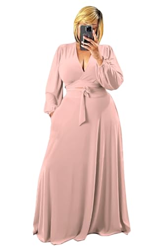 Image of Plus Size Women's 2 Piece Outfits Casual Long Sleeve Wrap Crop Top Maxi Long Dress Flowy Matching Sets