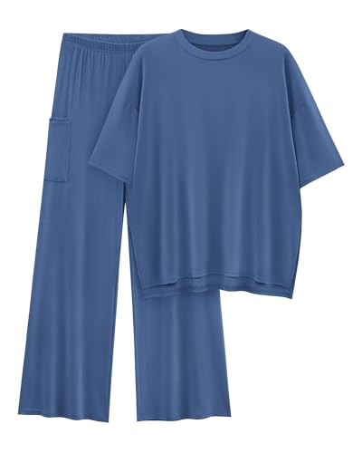 KIRUNDO Womens 2 Piece Outfits 2025 Summer Casual Loose Short Sleeve Pullover Tops & Wide Leg Pants Lounge Sets Tracksuit