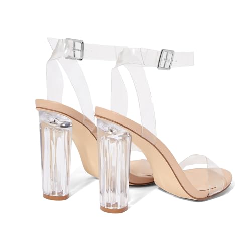 Image of JustFab Clear Heels for Women 4 Inches Chunky Heels Sandals for Women Comfy Open Toe Block Heeled Sandals Ankle Strappy Heels for 2026