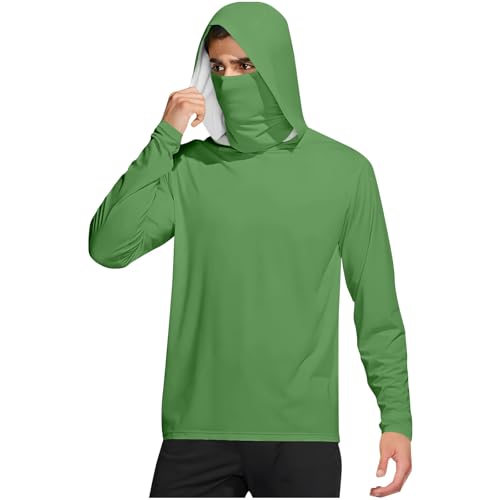 Mens UV Protection Shirts Long Sleeve UPF 50+ Hooded Rash Guard Sun Hoodies with Mask Outdoor Hiking Swimming Fishing