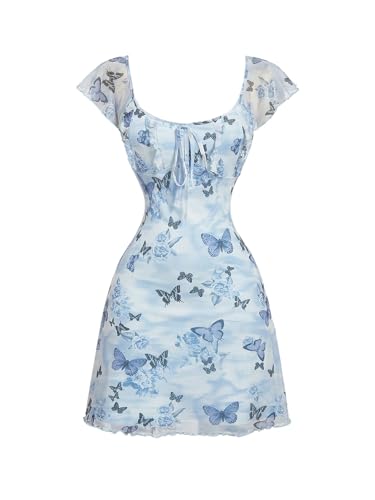 Image of Floerns Women's Floral Print Cap Sleeve Dress Square Neck Tie Front Summer A Line Cute Mini Dresses