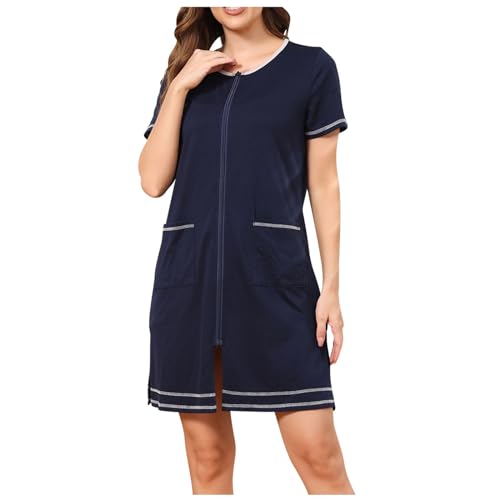 NSICBMNO Navy Dressing Gowns For Women Uk Lightweight Bath Robes Zip Up Dressing Gowns Short Nighties Cotton Nightdresses Short Sleeve Pyjamas Ladies Open Front Cardigans Nightgowns With Pockets