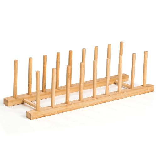 SAMEBUTECO Bamboo Dish Racks 8 Slots,Wooden Plate Organizer for Cabinet Space Saver, Dish, Pots, Lids, Bowls, Cups,Cutting Boards and Books Storage (Box Included)