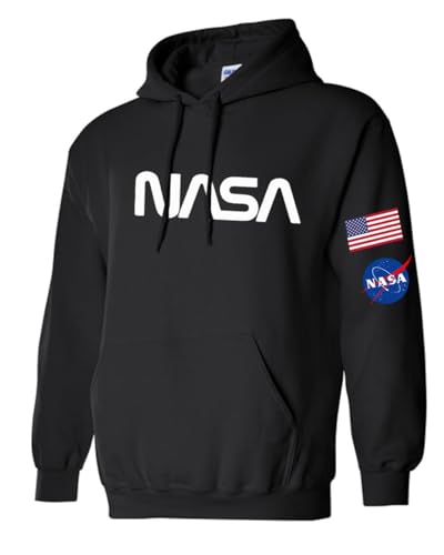 Studio 9Thirty3 NASA Hoodie Unisex Pullover Sweatshirt with Flag & NASA Logo Gift for Space Enthusiasts (Large Black with White Nasa)