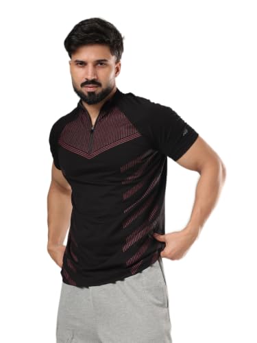 Image of GROW Stylish Aeroflex Zip T Shirt for Men Workout | Cotton and Spandex Quarter Zip Back Printed Collar T-Shirts for Men Half Sleeves