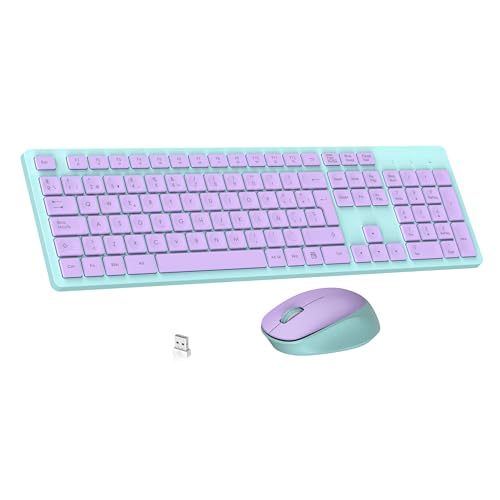 LeadsaiL Teclado y Raton Inalámbrico, Teclado y Raton Inalambrico Ergonómico, Español QWERTY, Tamaño Completo con Teclado Numérico, Receptor USB 2.4 GHz for Mac, PC, Ordenador Portátil Violeta Verde